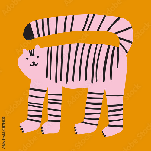 Asian tiger wild animal childish cartoon groovy boho illustration naive funky handdrawn style art vector