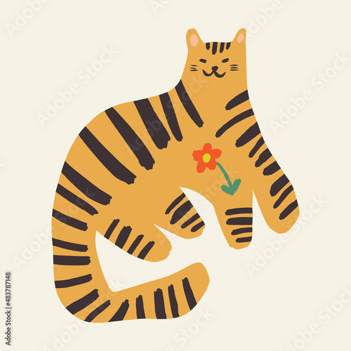 Asian tiger wild animal childish cartoon groovy boho illustration naive funky handdrawn style art vector