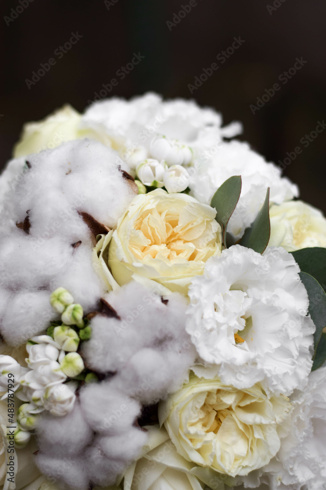 Wedding bouquet of white cotton flowers. Wedding day Wedding bouquet of white cotton flowers. Wedding day