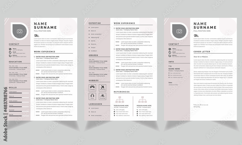 Resume and Cover Letter Layout with Pink Sidebar, Minimalist resume cv
