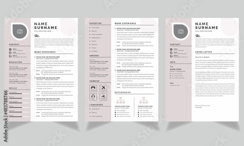 Resume and Cover Letter Layout with Pink Sidebar, Minimalist resume cv template, Resume design, Vector Template 