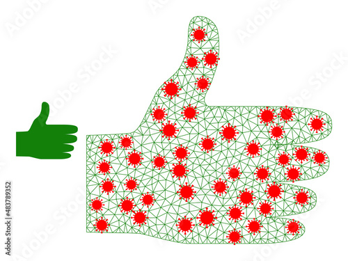 Network thumb up with lockdown style. Mesh wireframe thumb up image in low poly style with organized lines and red covid elements. Vector structure is created from thumb up with covid elements.