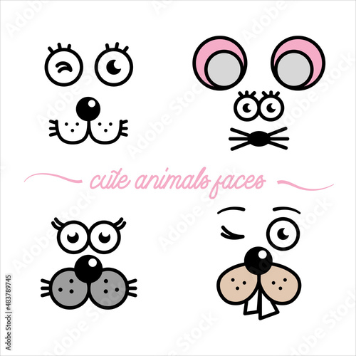 set of cute and funny animal faces - line icon, illustration