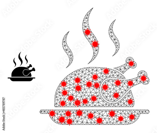 Network fried chicken aroma in lockdown style. Mesh carcass fried chicken aroma image in lowpoly style with combined lines and red virus nodes.