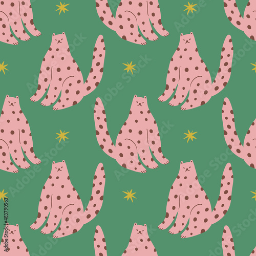 Pastel cats seamless pattern wild animal childish cartoon groovy boho illustration naive funky handdrawn style art vector