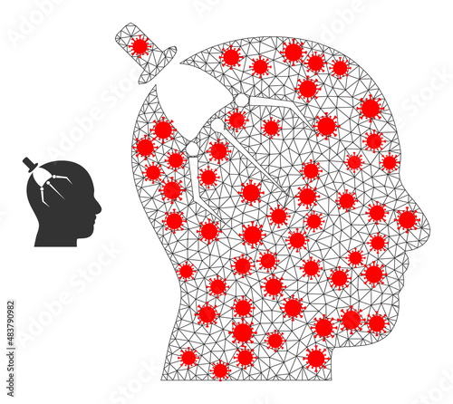 Polygonal brain intruder with infection style. Polygonal wireframe brain intruder image in lowpoly style with structured linear items and red infection nodes.