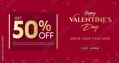 Happy Valentine day sale promotional campaign or offer banner template with red background, gold shape and text design