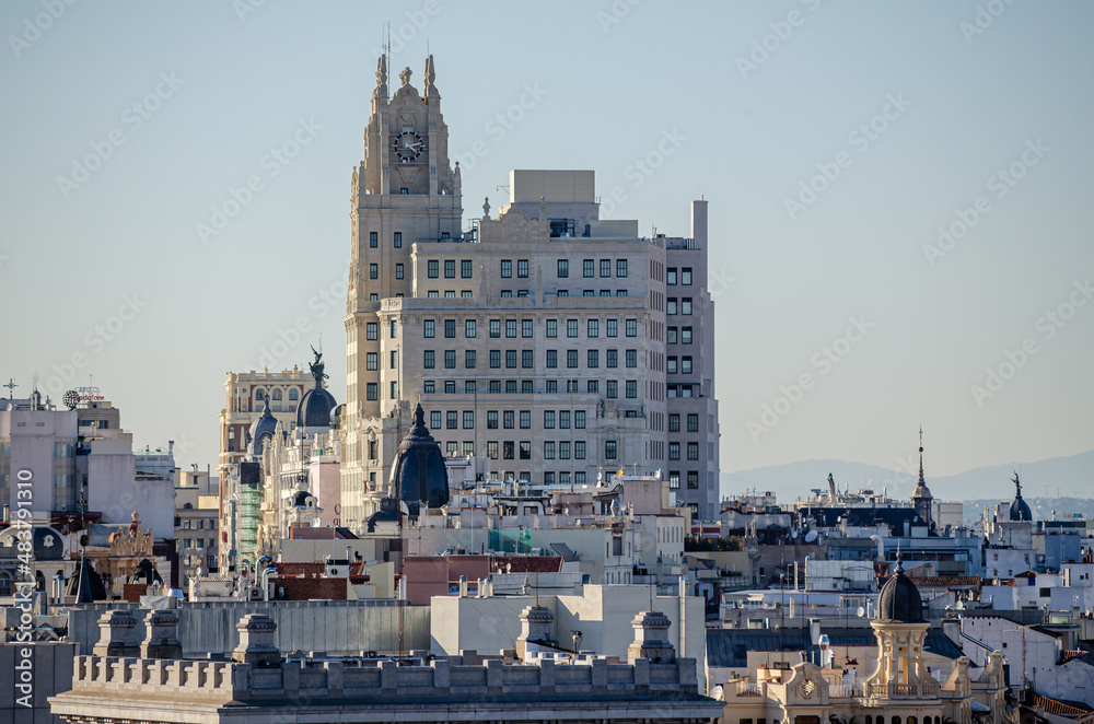 View of the roofs of the city of Madrid from the terrace of the Cículo de Bellas Artes.