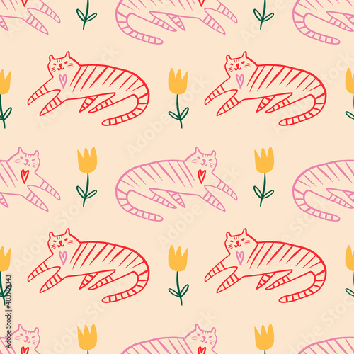 Doodle tigers childish cartoon groovy boho illustration naive funky handdrawn style art seamless pattern vector