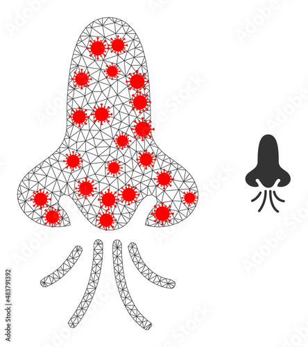 Polygonal nose snuff with infection style. Mesh carcass nose snuff image in lowpoly style with structured linear items and red infectious items.