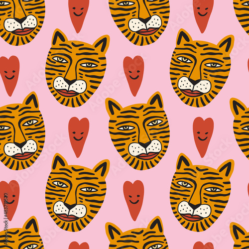 Doodle tigers faces childish cartoon groovy boho seamless pattern vector drawing 