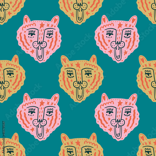 Doodle tigers faces childish cartoon groovy boho seamless pattern vector drawing 