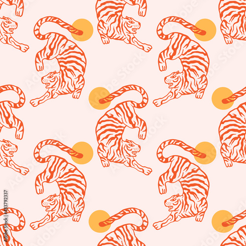 Groovy boho asian tigers doodle modern art print funny handdrawn childish cartoon funky trendy style vector illustration clipart seamless pattern print