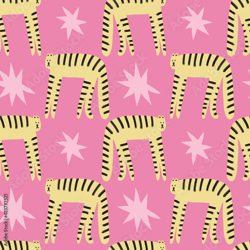 Doodle tigers childish cartoon groovy boho illustration naive funky handdrawn style art seamless pattern vector