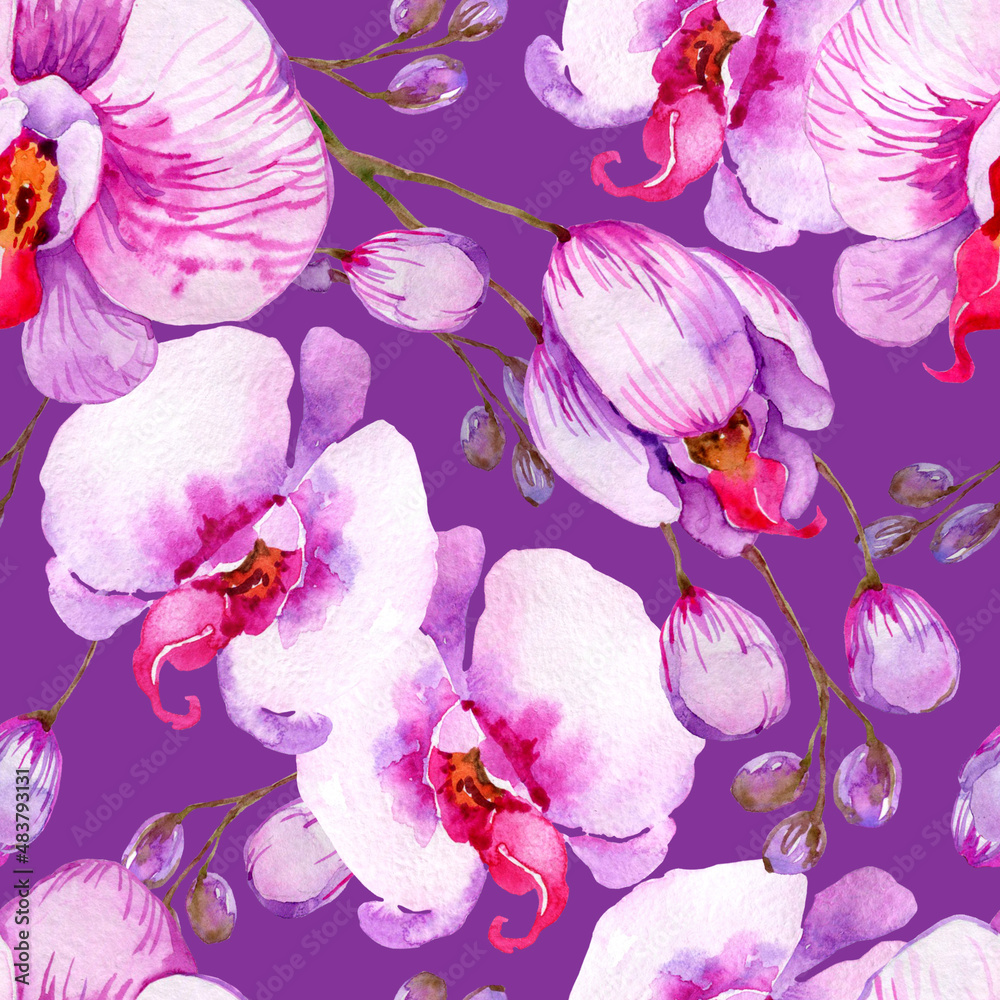 Watercolor floral seamless pattern. Hand drawn orchid botanical background wrapping paper, stationery, wallpaper, scrapbooking, fabric, paper, textile