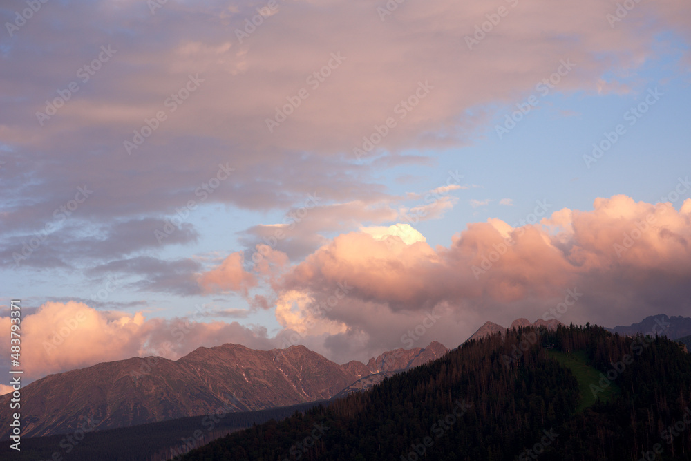 Pink sky in the mountain. Mountain landscape. Sky resort. Sunset mountain. Dawn mountains. Mountain.