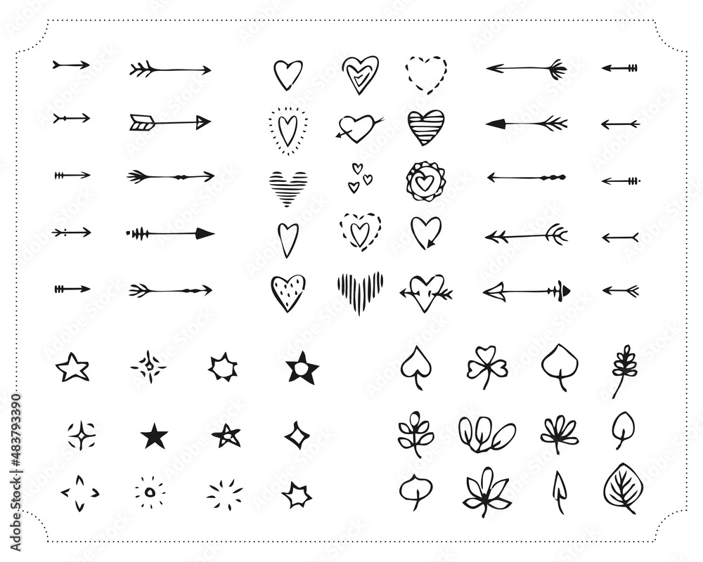 Obraz premium Set of hand-drawn black handle elements. Decorative design elements. Arrows, hearts, stars, lights, leaves. Vector.
