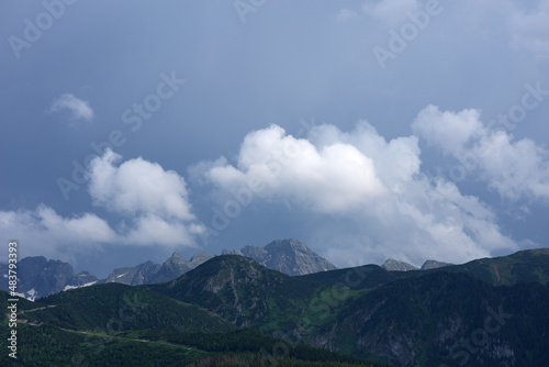 Cloudy weather in the mountains. Gloomy mountain landscape. Before the rain.