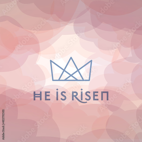He is Risen under crown icon, with multi-colored clouds with bright sun rays shining through. Symbolizing the resurrection of Jesus Christ. Easter social media square card.