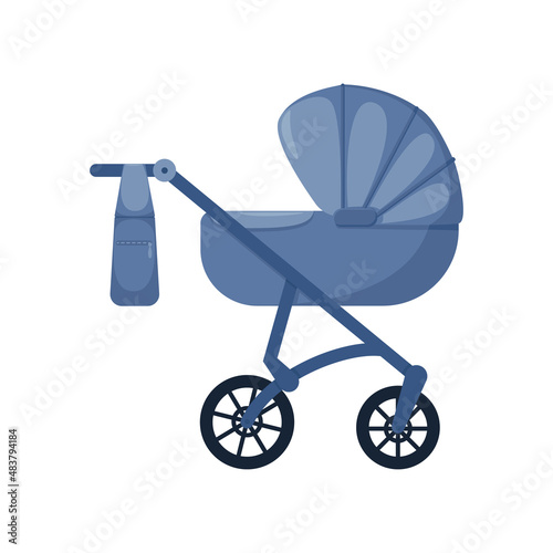 Baby stroller is blue with bag for children's things, isolated on white background. Baby pram for walking with newborn. Modular baby carriage. Products for kids. Vector illustration