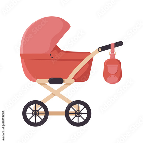 Baby stroller is pink with bag for children's things, isolated on white background. Baby pram for walking with newborn. Modular baby carriage. Products for kids. Vector illustration