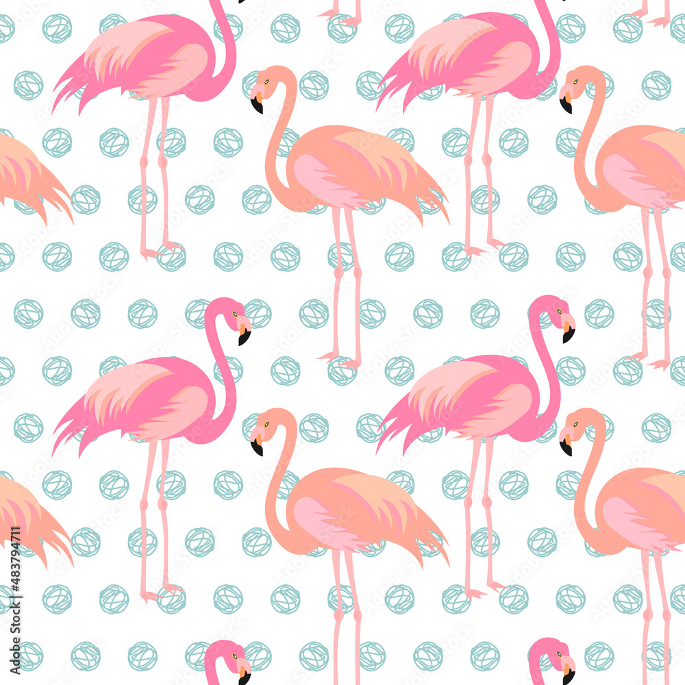 Obraz premium Seamless polka dot pattern with pink flamingo. Vector.