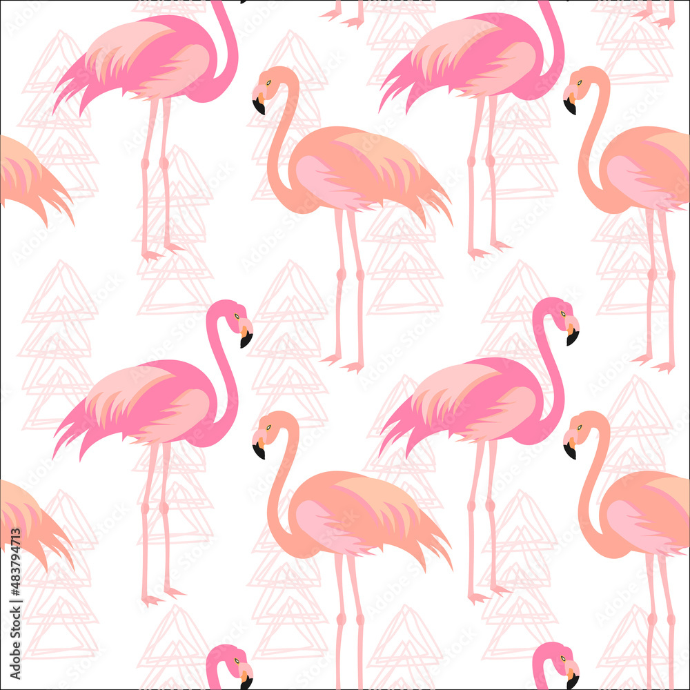 Obraz premium Seamless polka dot pattern with pink flamingo. Vector.