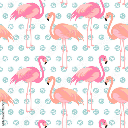 Seamless polka dot pattern with pink flamingo. Vector.