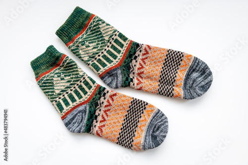 A pair of thick Winter socks isolated in white. photo