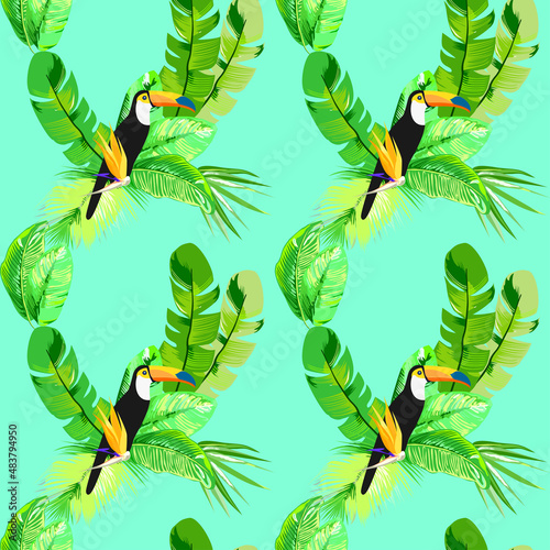 seamless background with tropical leaves and bird toucan