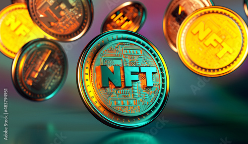 Fotografie NFT non fungible token golden coins falling