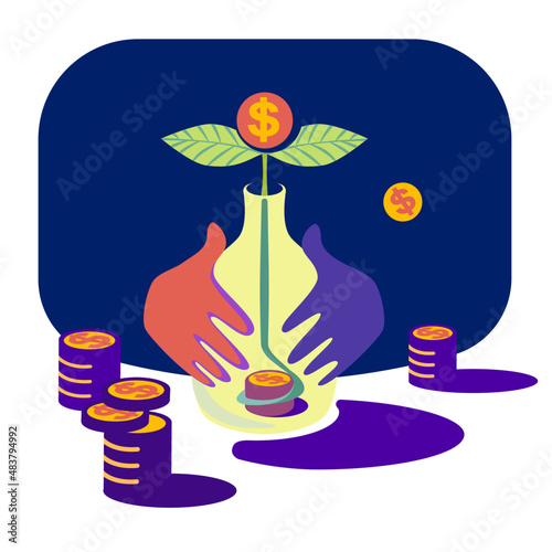 Money are growing out of a handful of coins. Stacks of coins. Person who grows money in a bottle.Business metaphor. Economics. Growing money.
