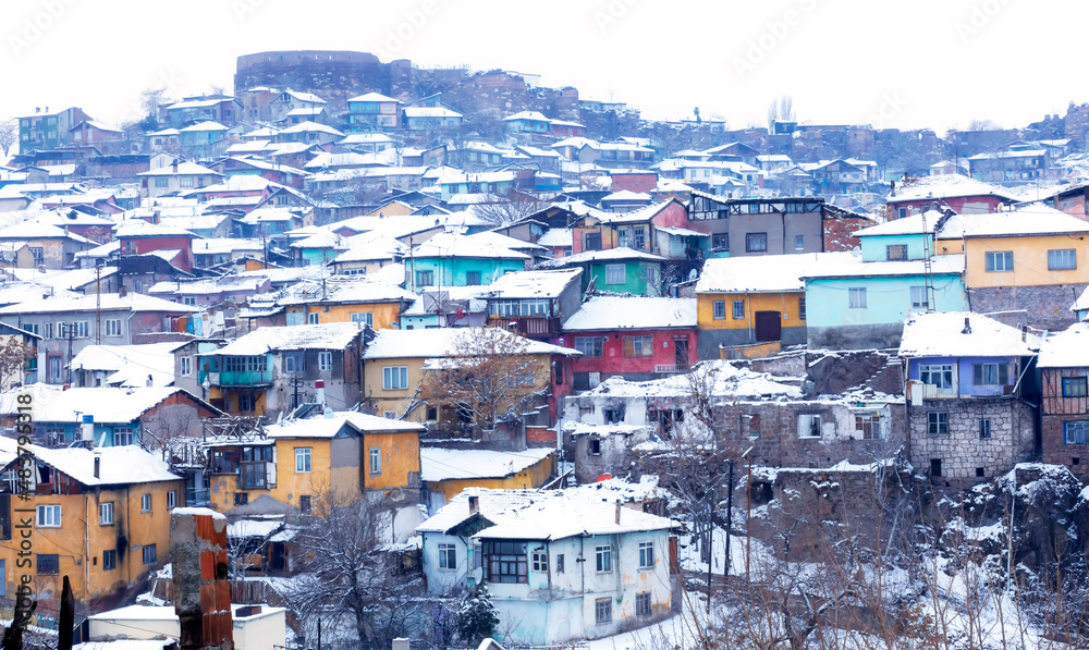 View of a slum. Winter background.
