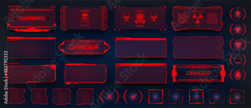 Red warning screen frames and HUD info borders. Cyberpunk interface elements, Safety system alert window, info box, callouts HUD for UI, GUI. Hi-tech Warning panels, holograms. Vector collection FUI