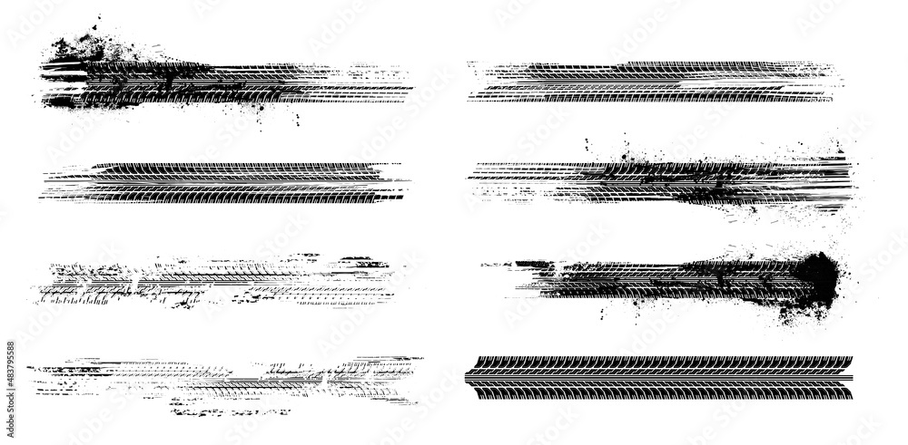 Tire tread marks, wheel texture, tire marks - car races, motocross, drift, rally, off-road and other. Vector black isolated texture in grunge style with splashes. Black and white monohcrome set