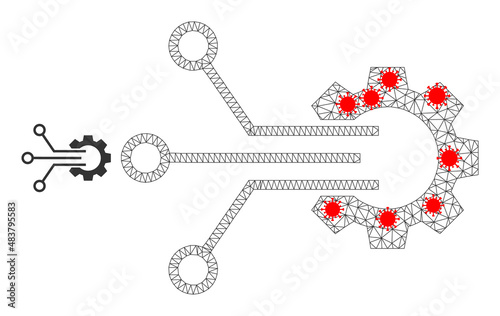 Polygonal gear sensor in lockdown style. Polygonal carcass gear sensor image in low poly style with organized linear items and red coronavirus items.