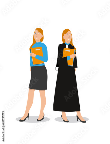 illustration représentant une magistrate, avocat, juge ou femme de loi, en robe et en civil. Elle travaille au ministère de la justice