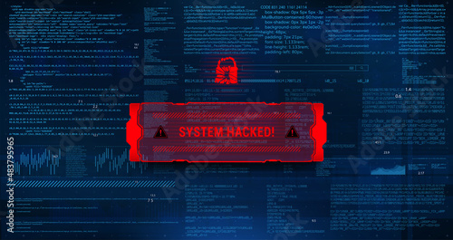 Fototapeta Naklejka Na Ścianę i Meble -  System hacking with info message. Background with a code on a blue background and a virus warning. Concept Malware penetration, virus, data leakage threat, system hacking, scam, ddos Vector background