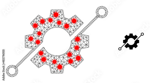 Mesh smart gear in lockdown style. Mesh wireframe smart gear image in lowpoly style with organized linear items and red coronavirus elements.