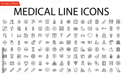 Medical Icons Set. Line Icons, Sign and Symbols in Flat Linear Design Medicine and Health Care with Elements for Mobile Concepts and Web Apps. Collection Modern Infographic Logo and Pictogram