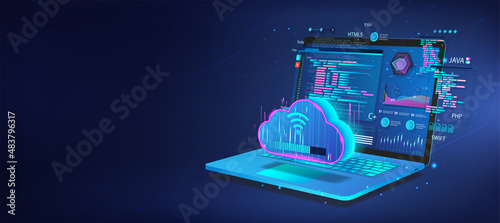 Laptop with program code on screen and download from cloud service. Web coding and software development concept banner. Remote work. Setting up and managing a cloud service. Vector illustration