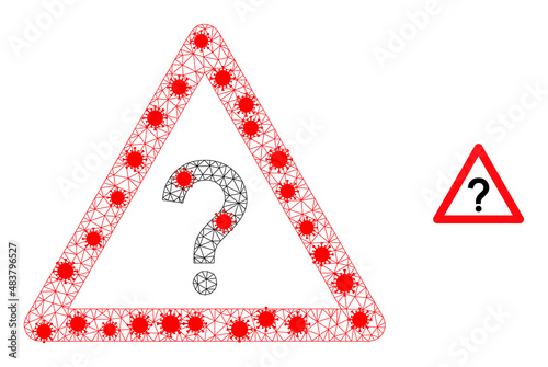 Mesh question warning using outbreak style. Mesh wireframe question warning image in lowpoly style with structured linear items and red infection nodes.