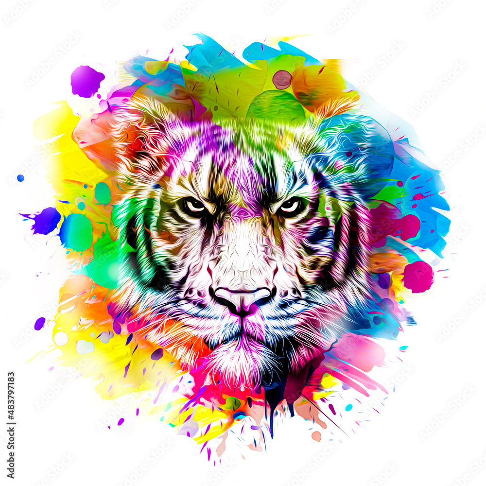 Bright abstract colorful background with tiger, paint splashes color art