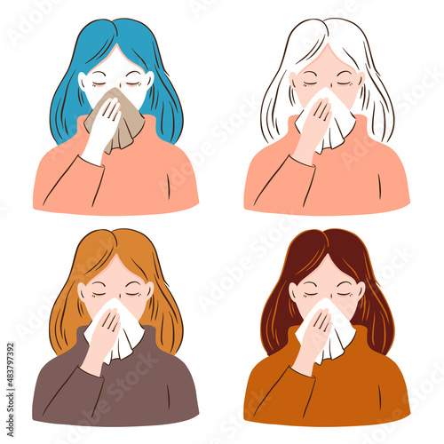 Set of portraits of a sick woman with a runny nose and a handkerchief. The girl is sick with coronavirus or flu. 