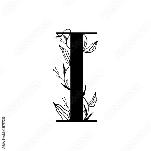 Floral botanical alphabet. Vintage hand drawn monogram letter I. Letter with plants and flowers. Vector lettering isolated on white