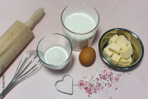 Ingredients for Valentine's Day heart shaped cookies. Recipe step by step