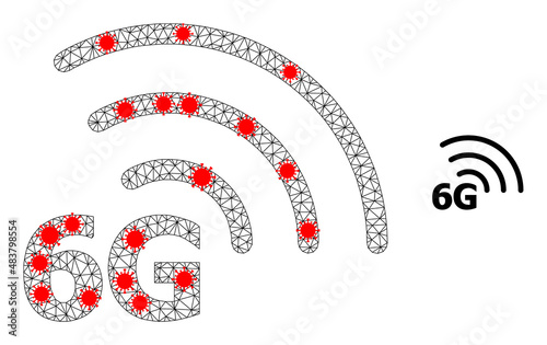 Polygonal 6G internet in infection style. Polygonal carcass 6G internet image in lowpoly style with organized linear items and red covid items.