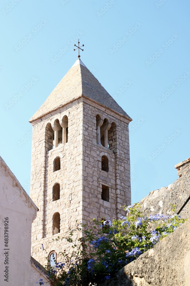 bell tower of a church in old town Rab, island Rab, Croatia