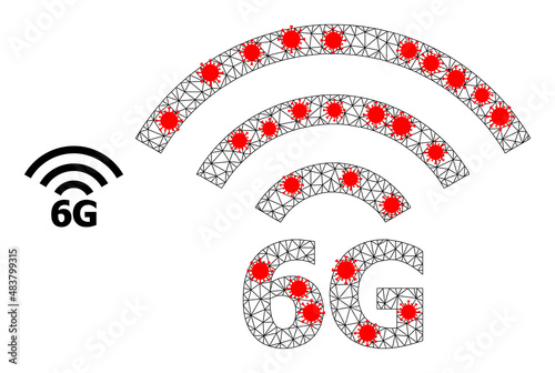 Polygonal 6G radio source in lockdown style. Polygonal carcass 6G radio source image in lowpoly style with structured lines and red infection centers.