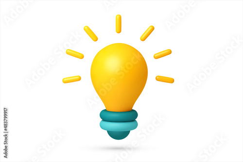 3d light bulb, light idea icon team processes brainstorming on idea development cartoon style vector. Realistic light bulb vector idea metaphor 